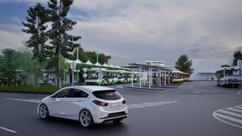 Autor architektonickej štúdie Ing. arch. Karol Loj „Výstavba parkoviska, autobusovej stanice s prekrytými stanovišťami pre cestujúcich SAD, jednopodlažná budova (pokladňa, zázemie predajcu a verejné t